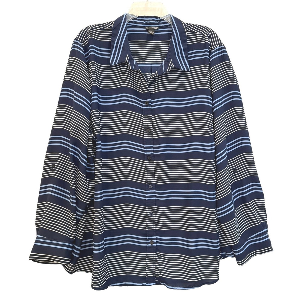 New Directions Curvy Womens 3X Navy Blue Wavy Stripe Roll Tab Button Down Blouse